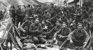 Soldiers resting together during the Battle of Mons.