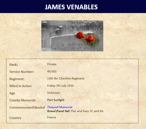 Cheshire Regiment casualty record for James Venables, including his memorial photograph and service details.