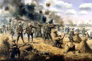 Painting of Cheshire Regiment soldiers advancing at Mons.