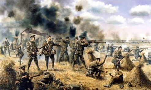 Painting of Cheshire Regiment soldiers advancing at Mons.