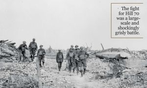 Soldiers on the devastated battlefield at Hill 70.