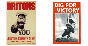 Recruitment and wartime posters: Britons, join your country's army; Dig for Victory.