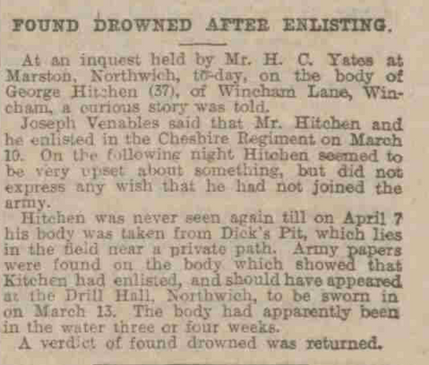 Manchester Evening News report, 9 April 1915: Wincham man found drowned after enlisting.
