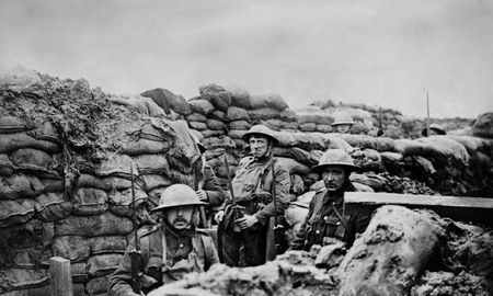 First World War soldiers in a trench.