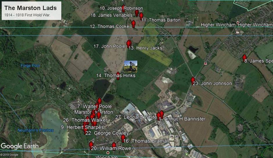 Map showing the Marston Lads' homes in Marston, Wincham and the surrounding area.