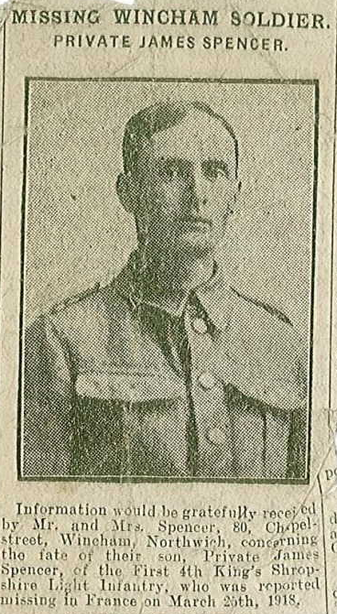 Newspaper portrait of Private James Spencer under the heading Missing Wincham Soldier.
