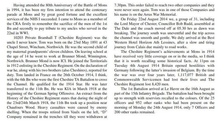 Cheshire Regiment Association account of the action in which Thomas Bramhall died.