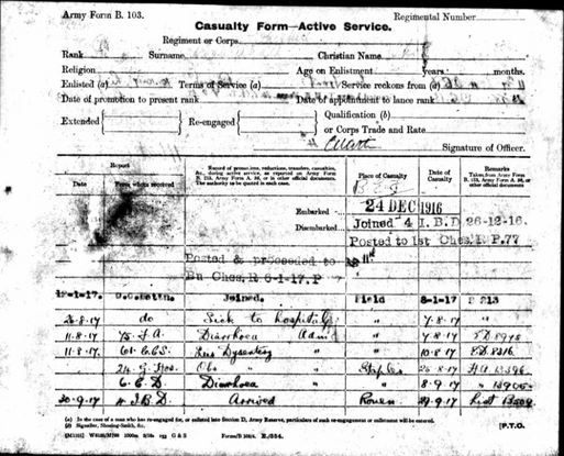 Thomas Bramhall's casualty form.