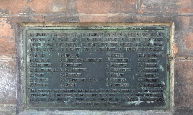 War memorial plaque listing the fallen, including William Millington.